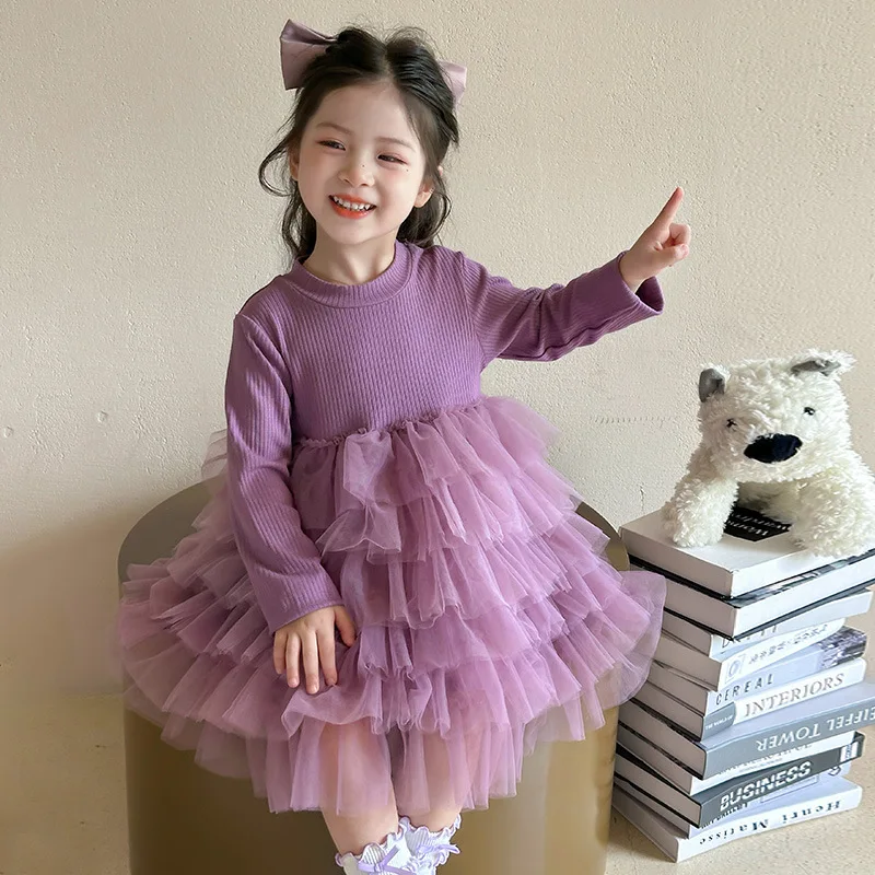 

Girls' Purple Bow Long Sleeved Mesh Dress 2025 New Children's Korean Version Fashionable Little Girl Princess Dress Trend