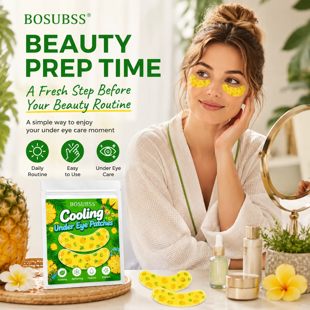 10PCS/5Pairs Pineapple Under Eye Beauty Patches, Soft Gel-Feel Tropical Print Eye Patches with Curved Easy-Peel Design for Daily