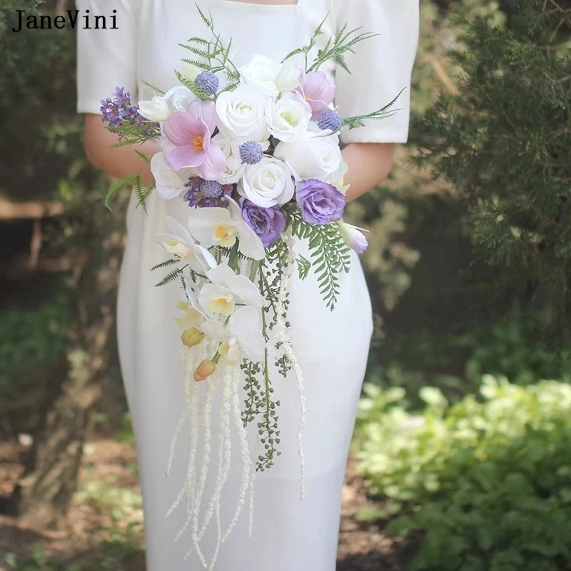 JaneVini 2024 White Rose Wedding Bouquet Bridal Waterfall Purple Artificial Flowers Cascading Bride Bouquet Ramo Novia Blanco