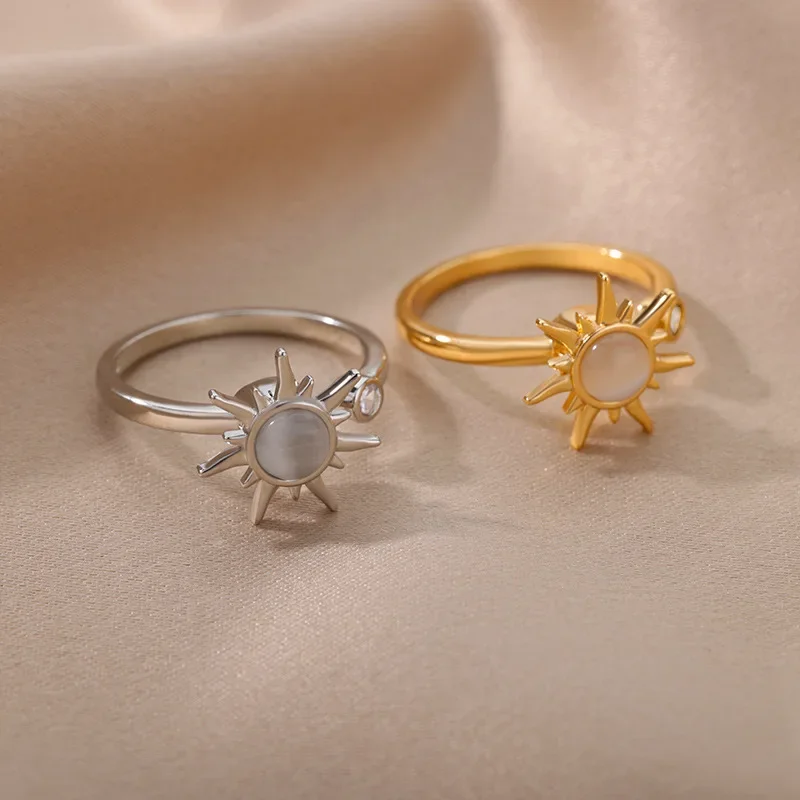 Minimalist Exaggeration Fashion Gold Color Sun Flower White Stone Rings for Women Girls Party Gift Fashion Custom Jewelry