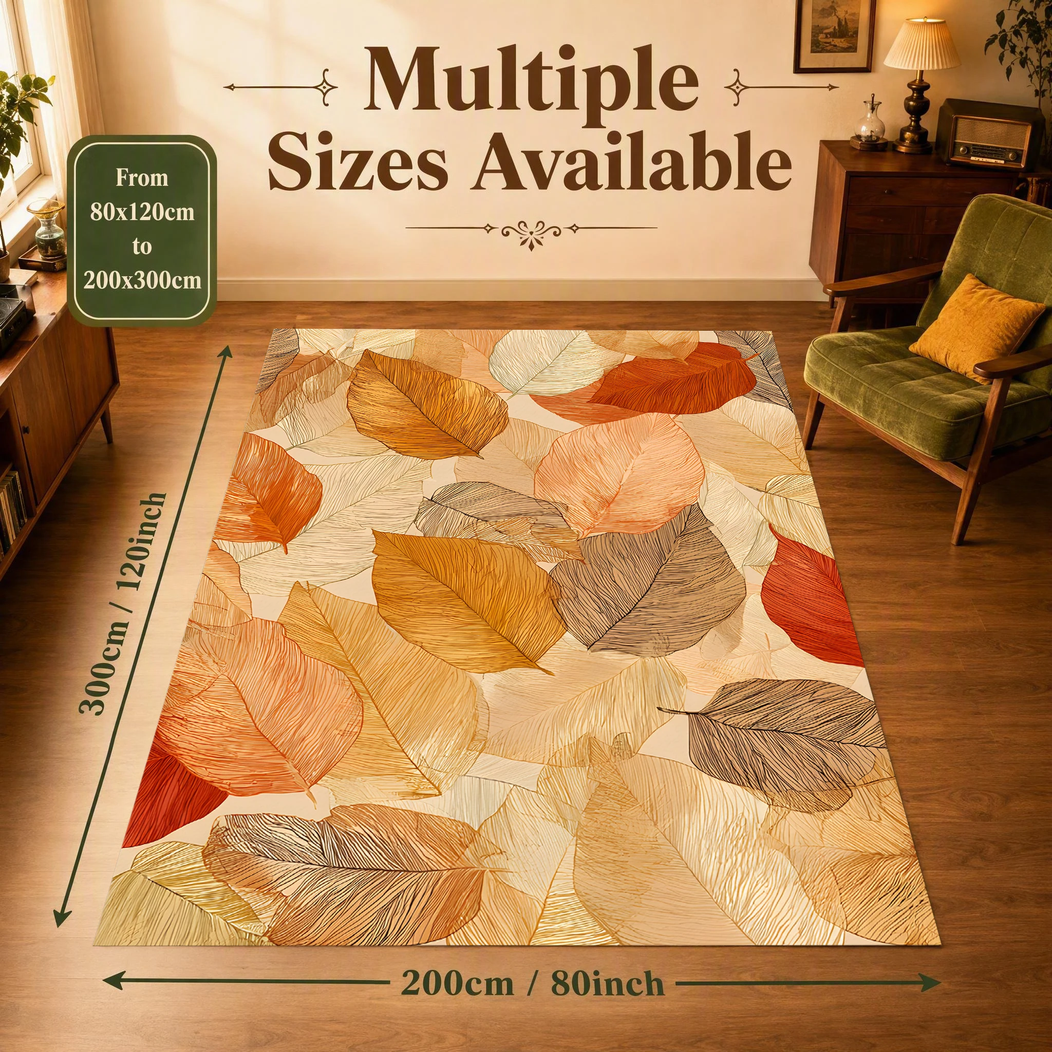 Morandi Warm Tone Fall Leaf Print Velvet Area Rug, Harvest Pastoral Style, Autumn Winter Decor for Living Room Bedroom