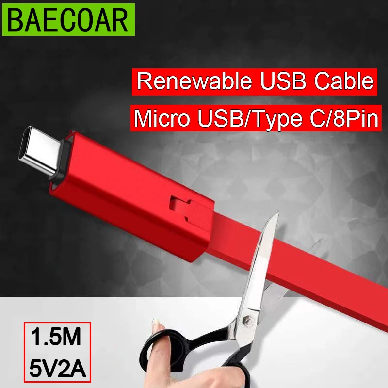 BAECOAR Magic Renewable USB Cable Cutting Repair Charging Wire for iPhone Samsung Xiaomi Type C Cables Microusb Funny Phone Cord