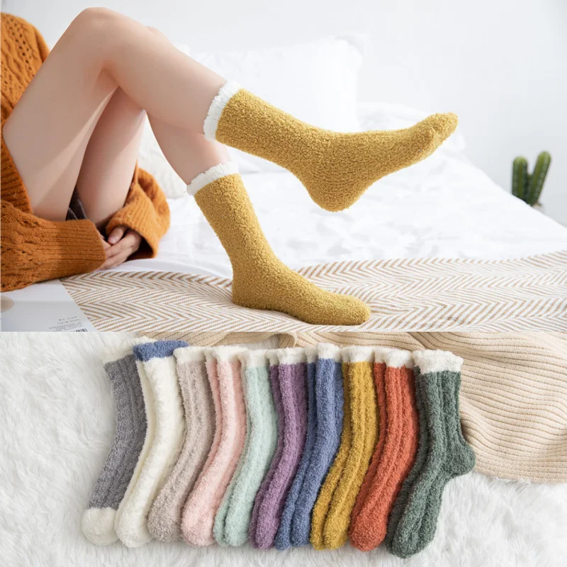 

1 пара женских носков из кораллового флиса, нечеткие плюшевые мягкие теплые зимние домашние носки для сна, полосатые толстые носки-тапочки, европейские размеры 35-42