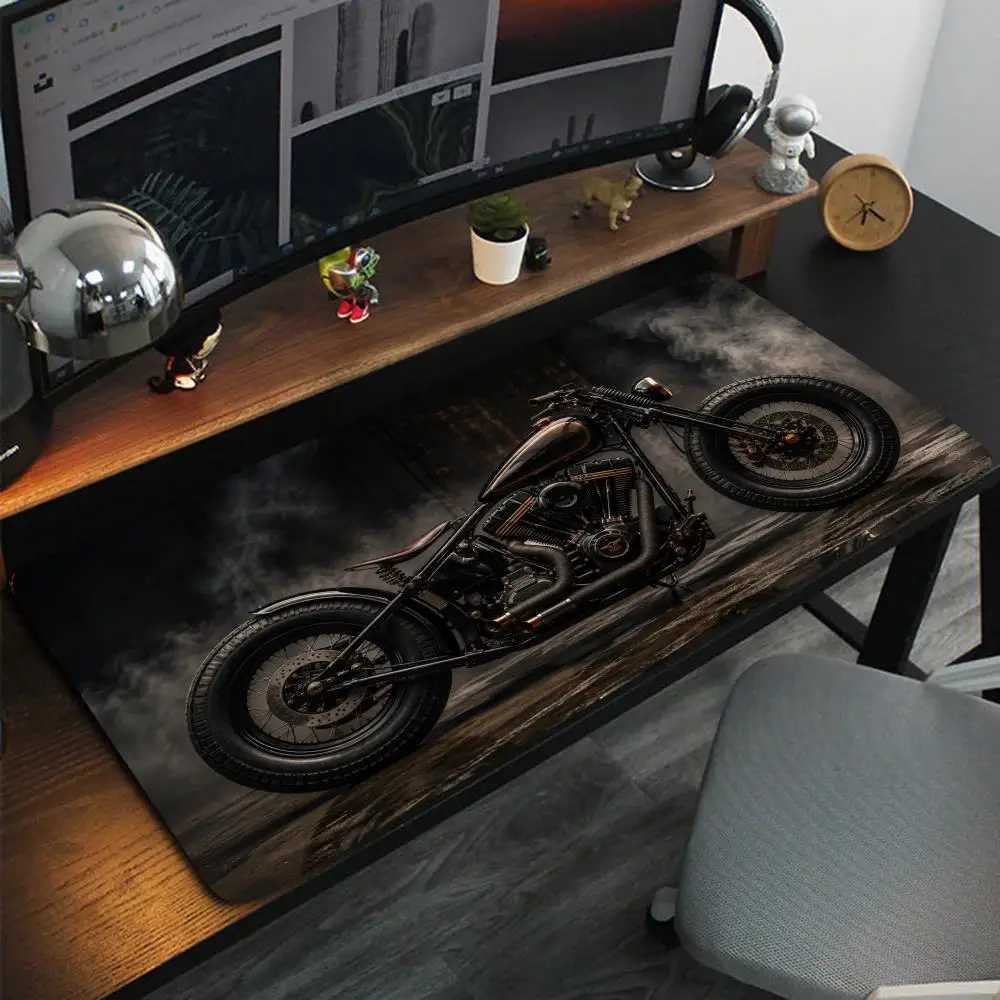 Cool Black Copper Bobber Motorcycle Smoky Industrial Style Oversized Gaming Mouse Pad, Anti-Slip Rubber Base
