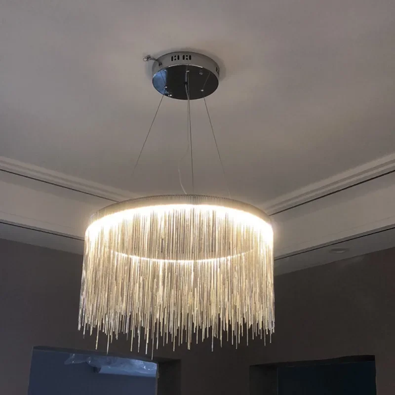 Moderne Luxus Quaste Kette Runde Led Kronleuchter Nordic Design Edelstahl Gold Silber Einzigen Ring Runde Esszimmer Kronleuchter