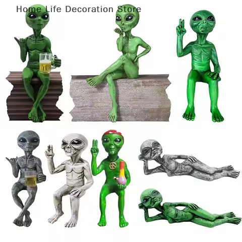 Funny Resin Alien Statue Figurine Outdoor Garden Decor Sculpture Novelty Desktop Home Decor for Halloween Christmas Ornaments