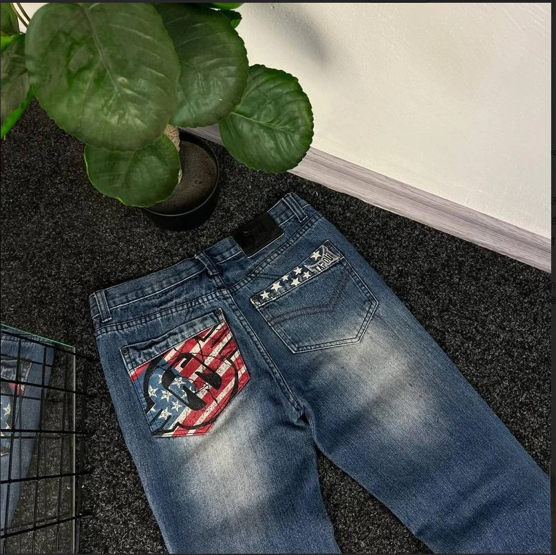Blue American New Pattern Y2K Baggy Jeans Men High Street Vintage Hip Hop Fashion Casual Joker Couple Wide-leg Pants