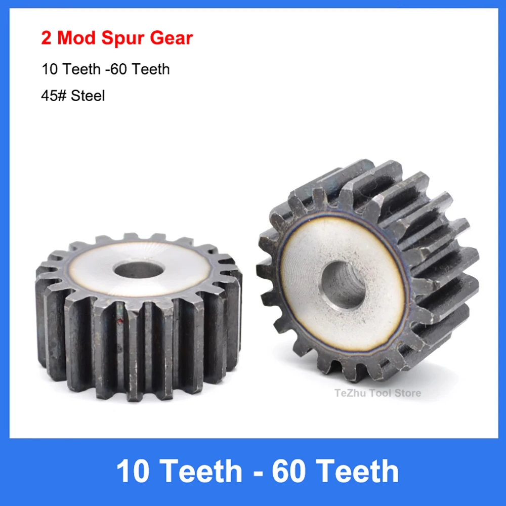 1pcs 2M 10T-60T Spur Gear 2 Mod Cylindrical Flat Gear 10 12 13 14 15 16 17 18 19 20 21 22 23-60 Teeth 45# Steel Hardening