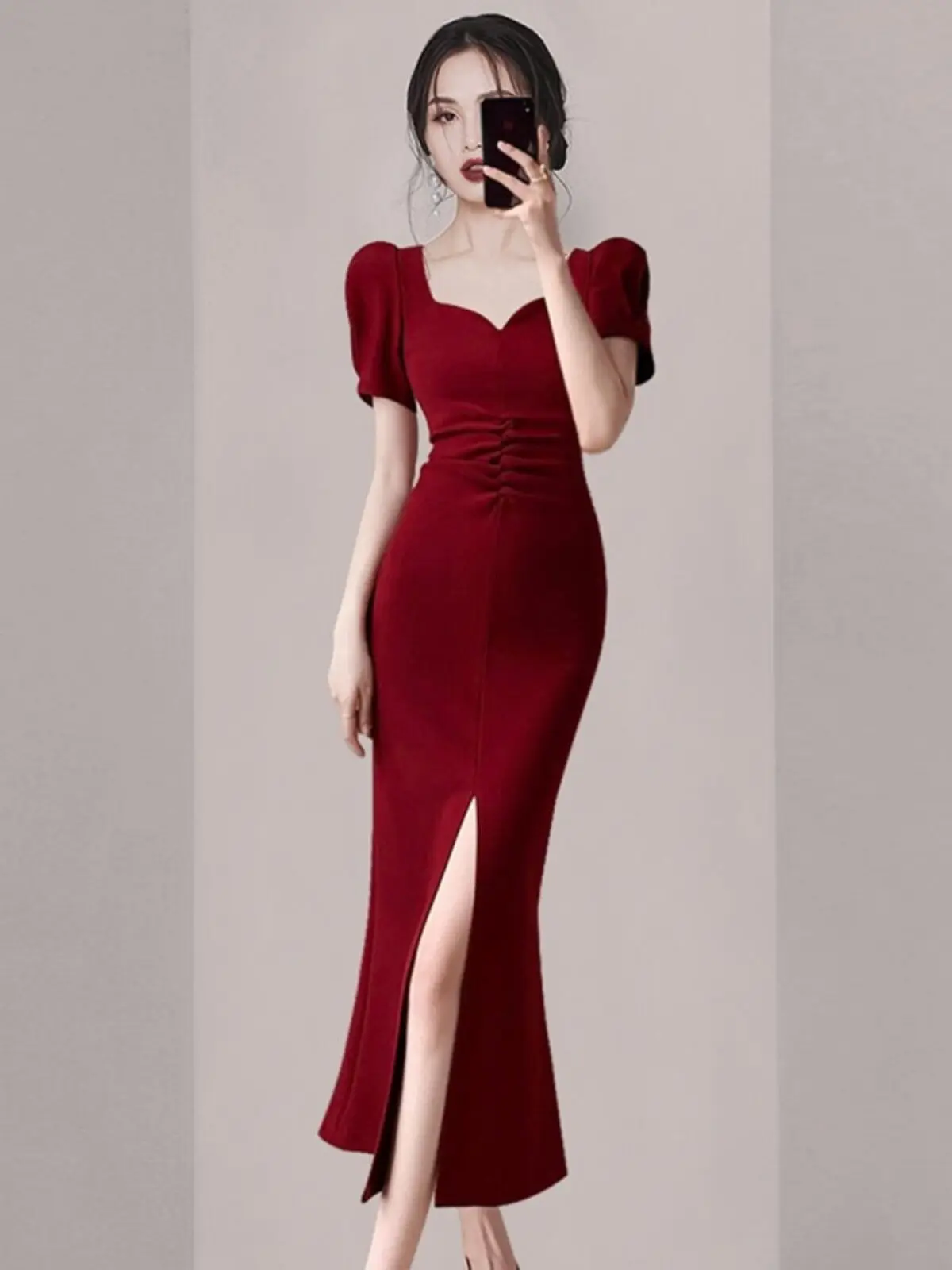 

Red Evening Dr Women's Summer Bubble Sve Square Collar Slit High Waist Slimming Long Dr for Banquet And Par