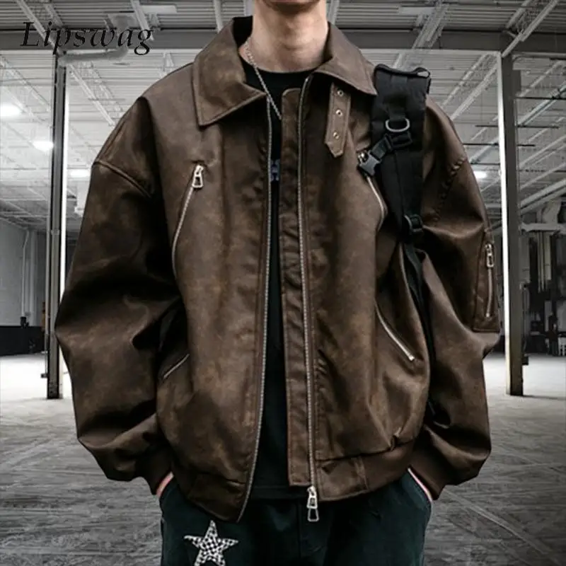 

Stylish Tie-dye PU Leather Jackets Mens Vintage Patchwork Zipper Turn-down Collar Leather Coats Men Streetwear Y2K Style Jacket