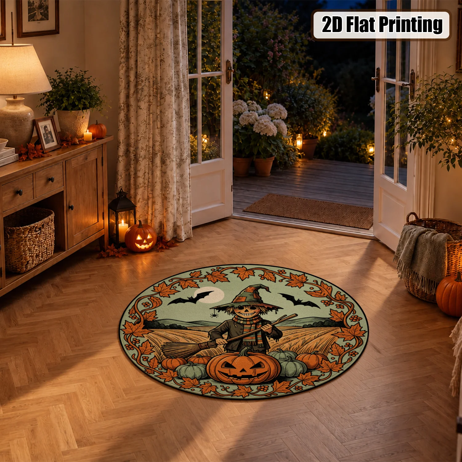 Halloween Scarecrow Pumpkin Bat Maple Leaf Pattern Round Velvet Area Rug, Machine Washable, Stays Firmly In Place, Ideal for Living Room, Bedroom, Entryway, Great for Halloween, Thanksgiving, Christmas, New Year, Black Friday & Cyber Monday
