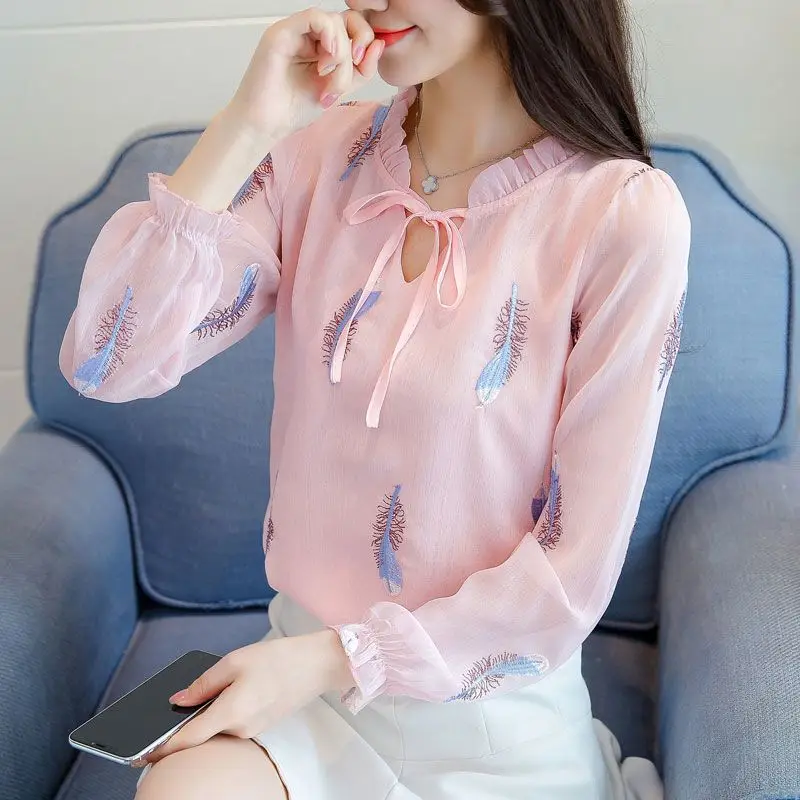 Women Clothes Ruffled Lace Up Sweet Chic Blouses Spring Autumn Korean Fashion Elegant Shirts V Neck Long Sleeve Loose Tops Blusa