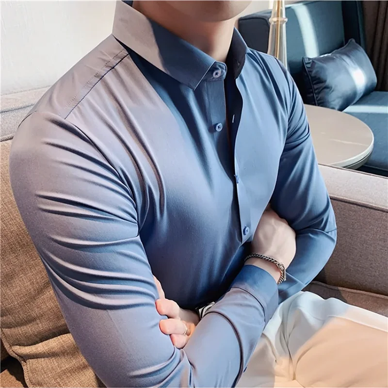 

High Quality Stand Seamless Shirts Men Long Sleeve Drape Slim Fit Casual Dress Shirts Luxury Formal Social Dress Blouse 4XL-M