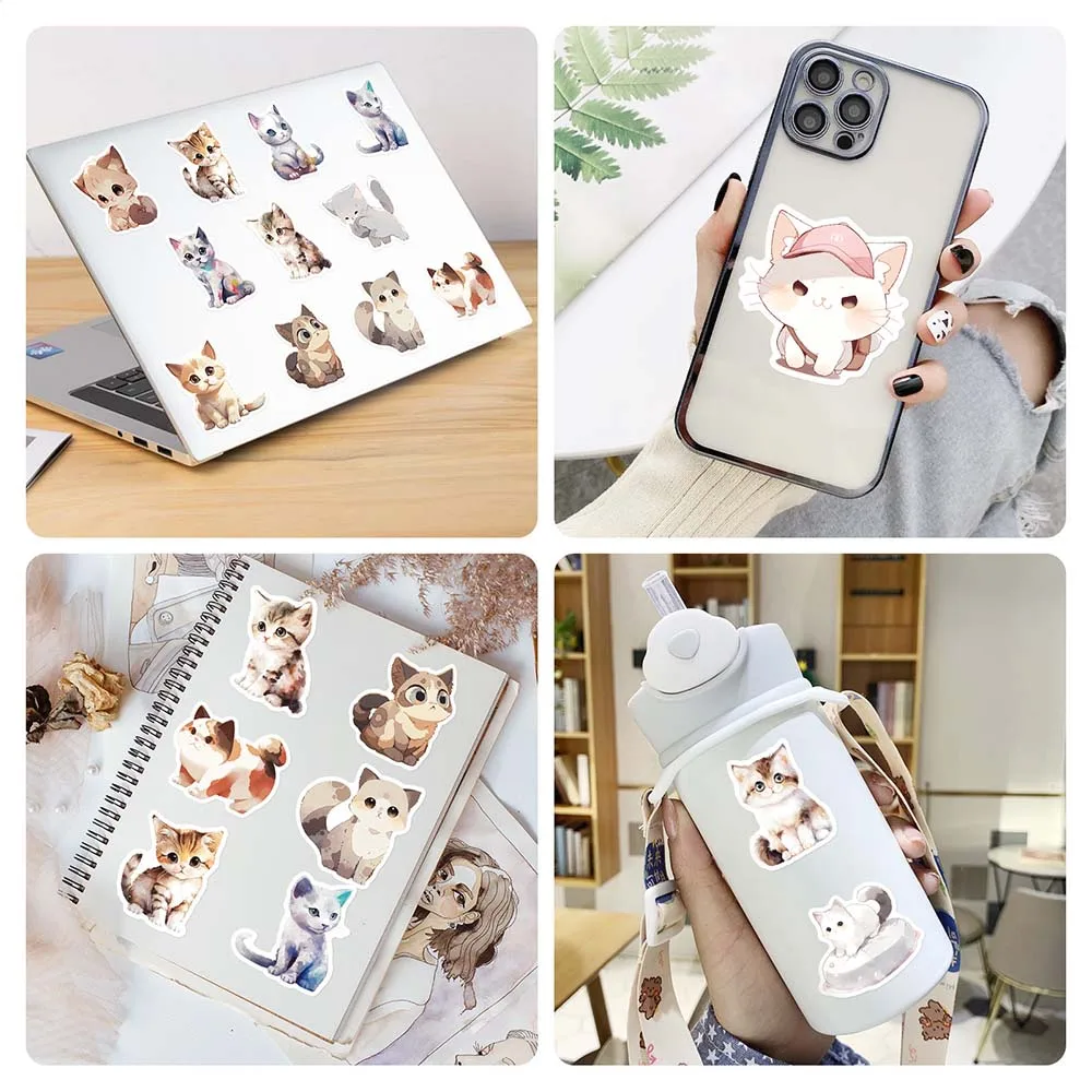 10/50pcs Kawaii Painting Watercolor Cat Stickers Pack for Kids Cartoon Cute Graffiti Decals Scrapbooking Luggage Laptop Sticker