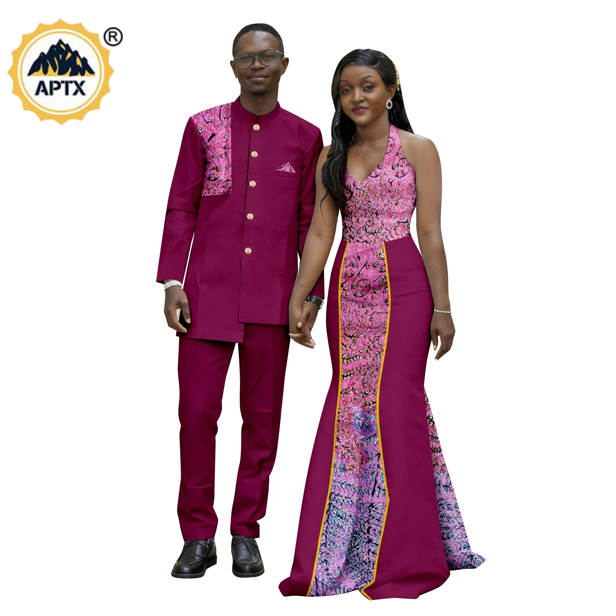 

African Metallic Print Long Dresses for Women Matching Couple Outfits Dashiki Formal Men Top Jacket and Pant Sets 26C021