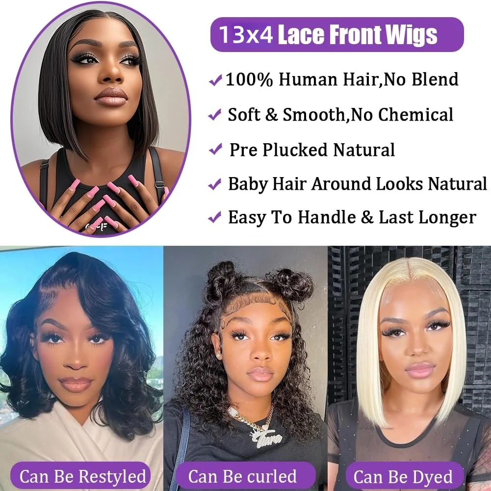 Parrucca Bob Capelli umani 13x4 Parrucche anteriori in pizzo trasparente Capelli umani Pre pizzicati Parrucche corte Bob Glueless Parrucche diritte Capelli umani per le donne