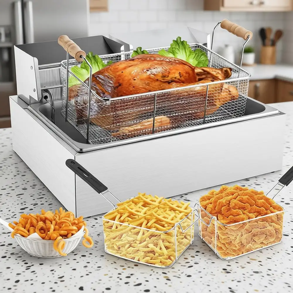 

Электрическая аэрофритюрница настольная 3400 Вт с 3 корзинами, 22 л/23,25 кварты, из нержавеющей стали, с ограничителем температуры, для ресторанов