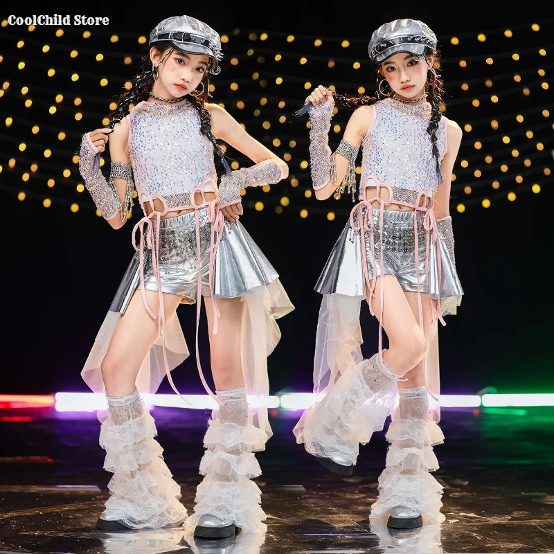 Hip Hop Girls Sequin Elegant Hoodies Silver Ribbon Skirt Kid K-pop Crop Top Jazz Clothes Set Child Girl Group Streetwear Costume