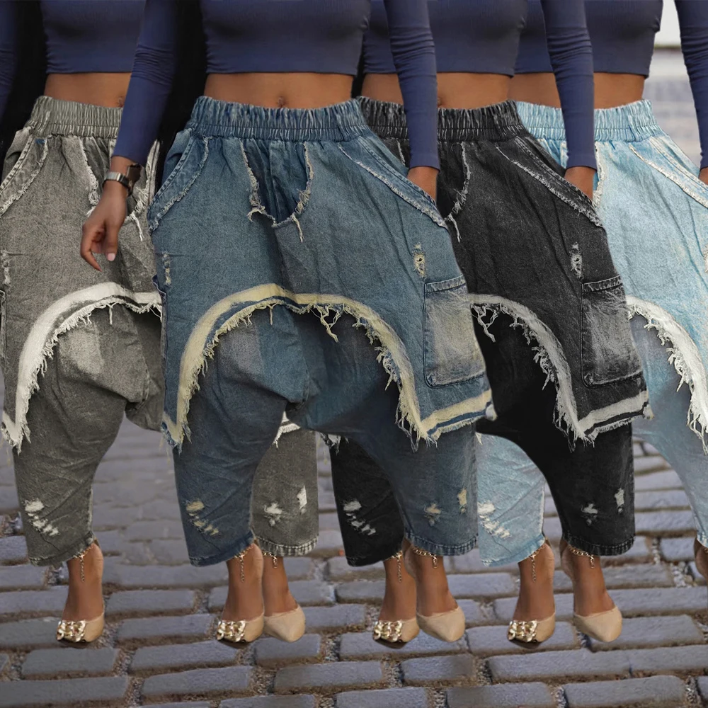 

2025 Trendy Women Clothes Street Wear Ripped Out Hole Baggy Bag Denim Pants Elastic Waist Distressed Runway Harem Jeans