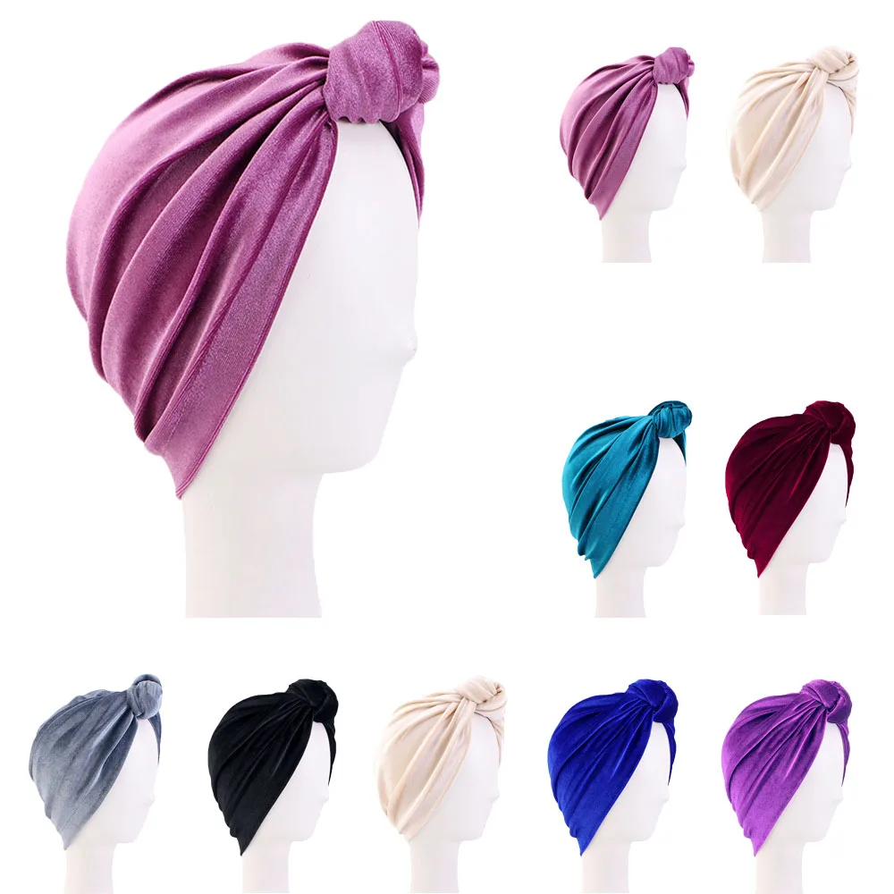 

New Women Velvet Top Knotted Turban Caps Winter Warm Muslim Hijab Hat African Twist Headwrap Bonnet Ladies India Hat Chemo Cap