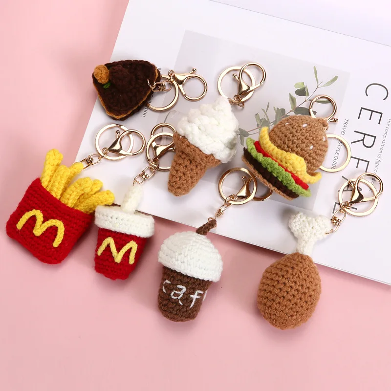 2025 New Plush French Fries Keychain Fun Hamburger coke coffee Wool Crochet Couple Bag Pendant Children's Gift