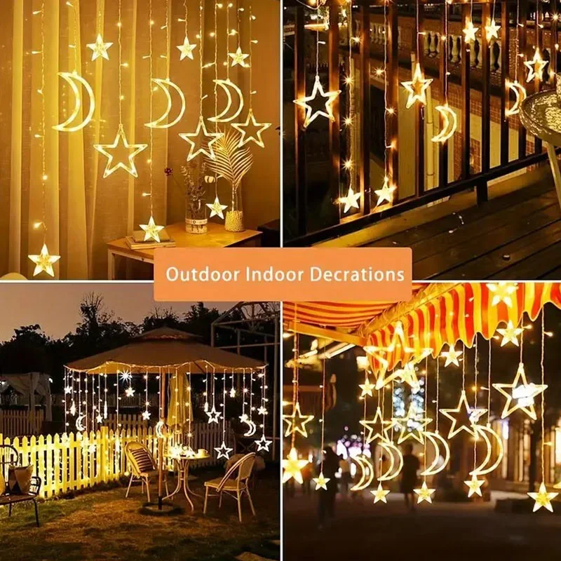 LED Solar Star Moon Curtain Lights Outdoor Waterproof Remote Control Solar Power String Light For Party Home Decor Lamp