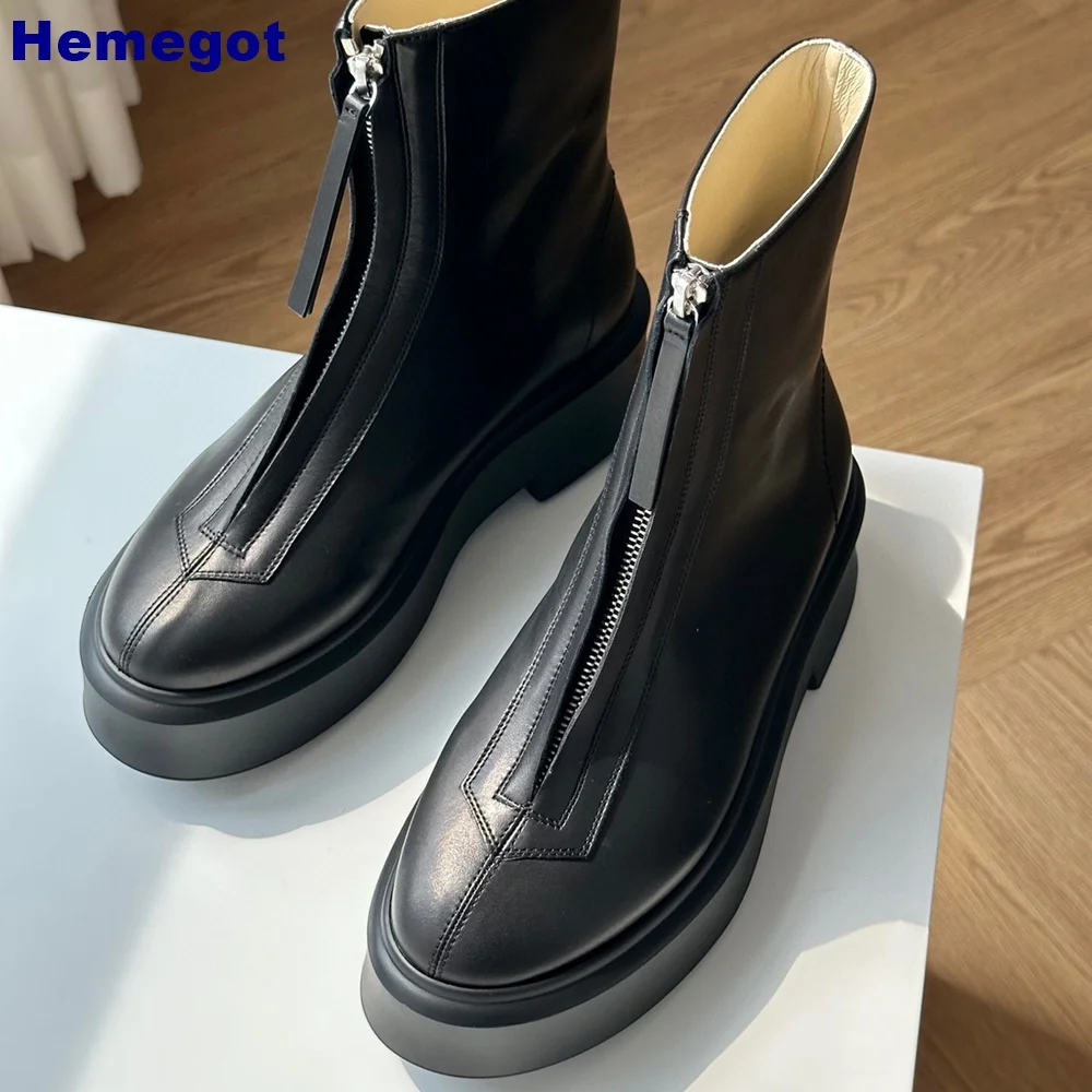 Botas curtas de couro genuíno estilo britânico 2024 primavera ao ar livre casual escritório dedo do pé redondo zip sola grossa botas moda feminina