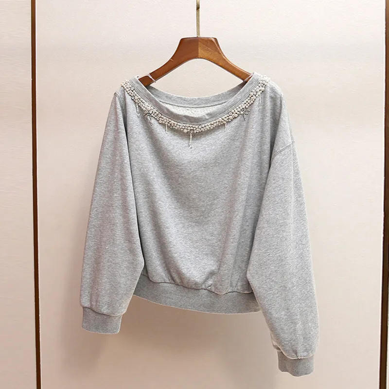 HKSH 2025 Autumn Winter New Women's Sweatshirt Off-Shoulder Long Sleeves Beaded French Casual Elegant Sweet Thicken Tops HK14105