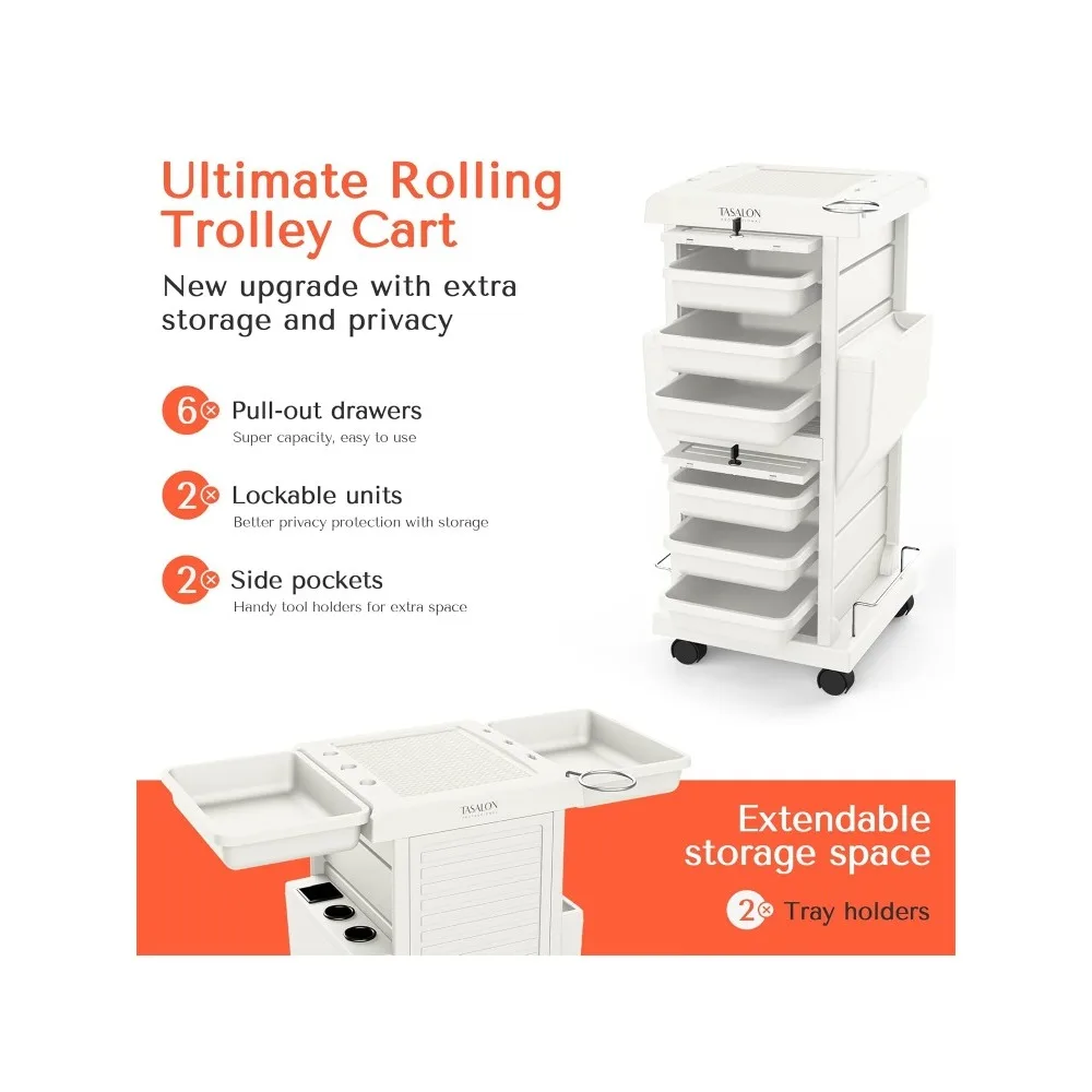 Salon Trolley Cart for Salon Station,Space Saving for Extra Storage,New upgrade Lockable 6 Trays 2 Tray Holders Cart -White