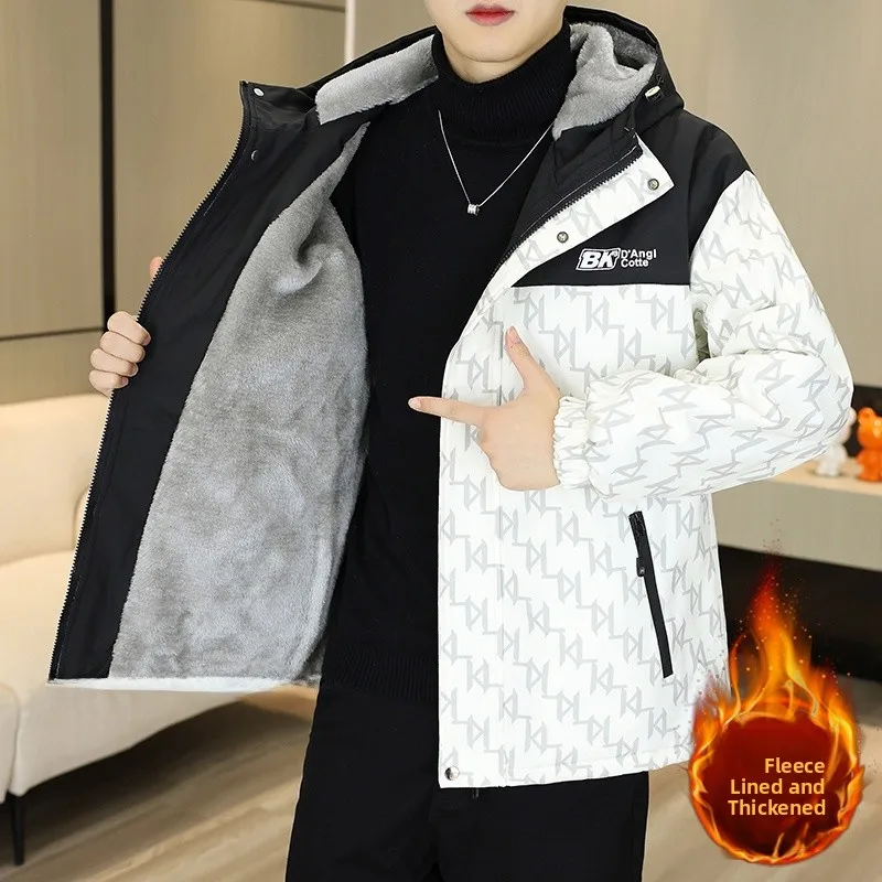 

Men's Winter Thiened Fce Lined Loose Fit Hooded Jaet Casual Sle Long Sve Zipper Closure Youth Polyester Fiber Coat