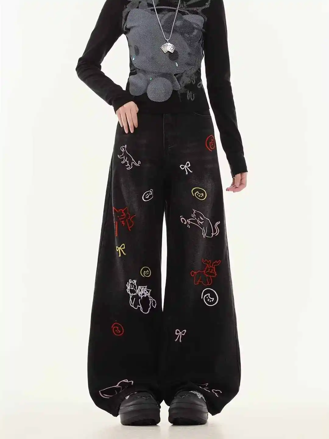 

Women's Print Baggy Jeans Korean Fashion Boyfriend Denim Pants Grunge Wide Fit American Retro Y2K Harajuku Cowboy High Street