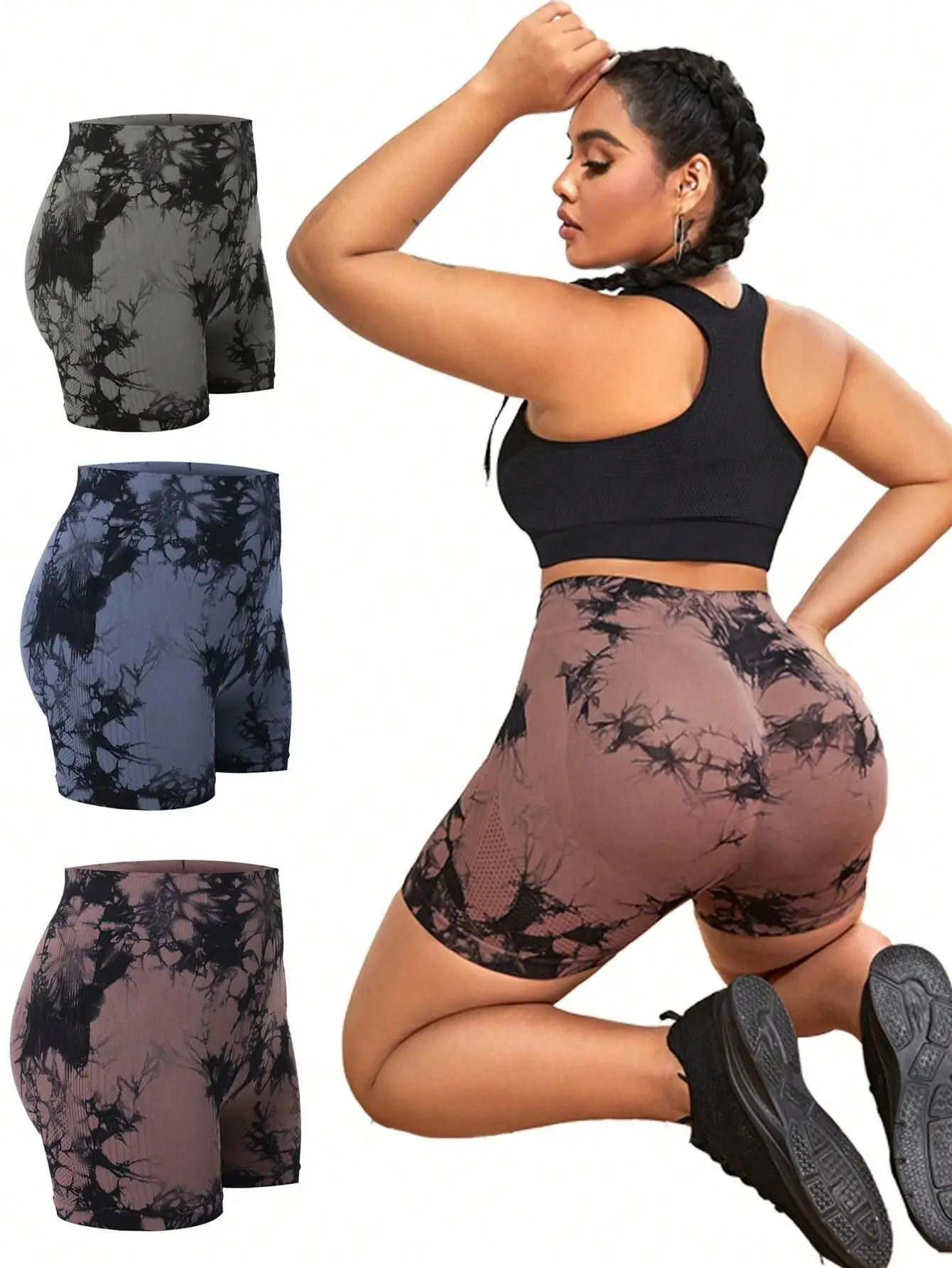 Plus Size Fit Tie Dye Yoga-Shorts für Damen, hohe Taille, pfirsichfarbener Po, Workout, eng, dehnbar, Fitness, Laufen, sportlich, modische Shorts – Detail 2