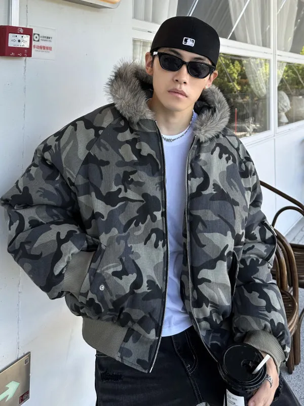 

Retro American Winter Camouflage Jaet Loose Casual Coat for Men And Women with Hood Thiened Cotton Polyester Fiber