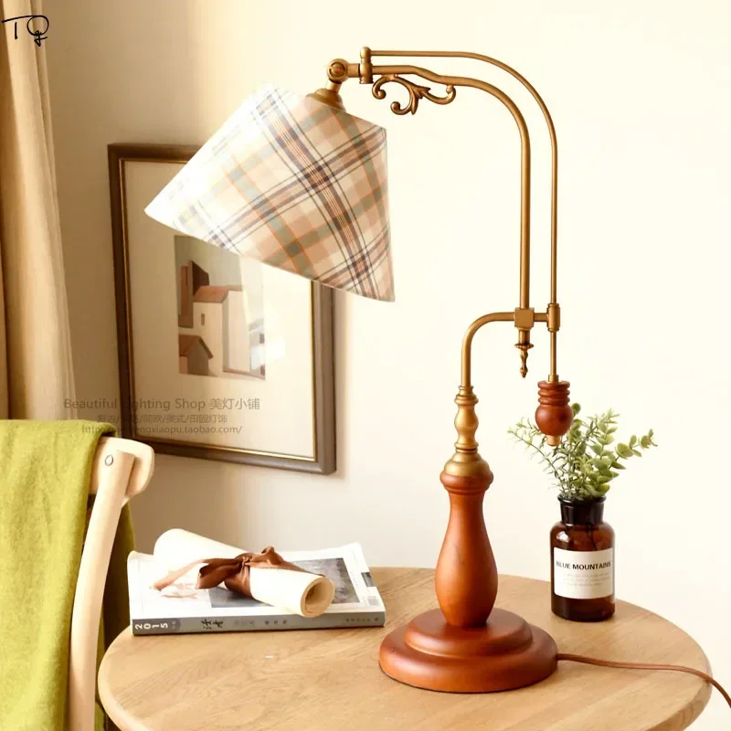 American Retro Vintage British Grille Table Lamp LED Solid Wood Adjustable Decorative Desk Lights Bedroom Bedside Coffee Sofa