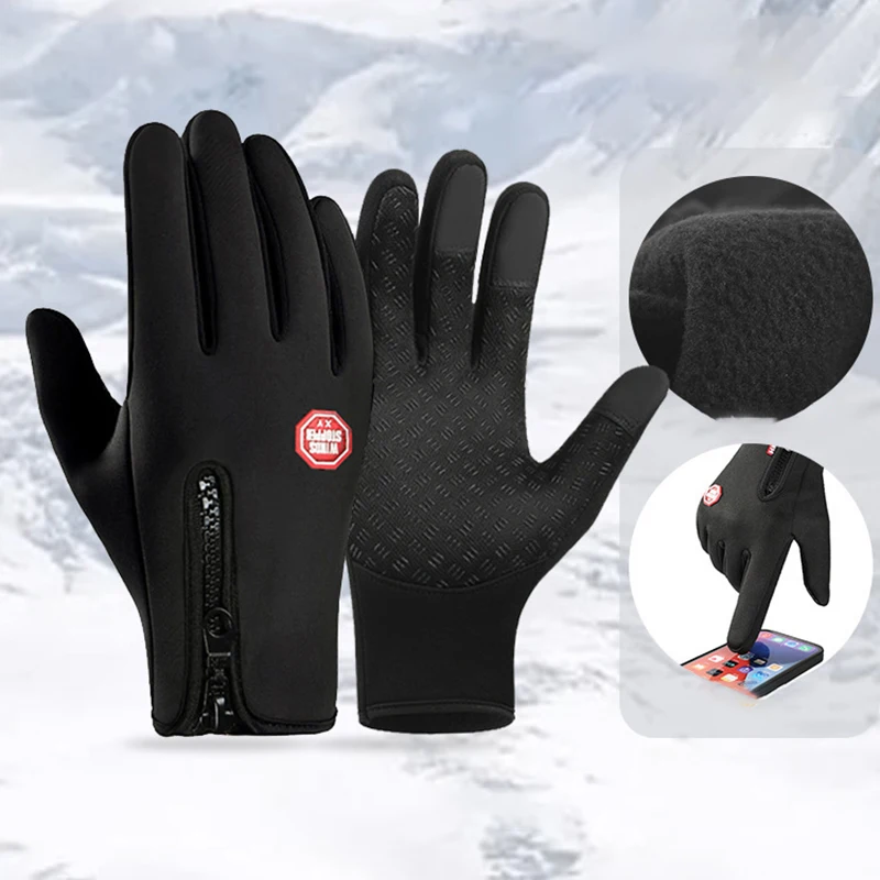 Winter Gloves For Men Waterproof Windproof Cold Gloves Snowboard Motorcycle Riding Driving Warm Touchscreen Zipper Gloves