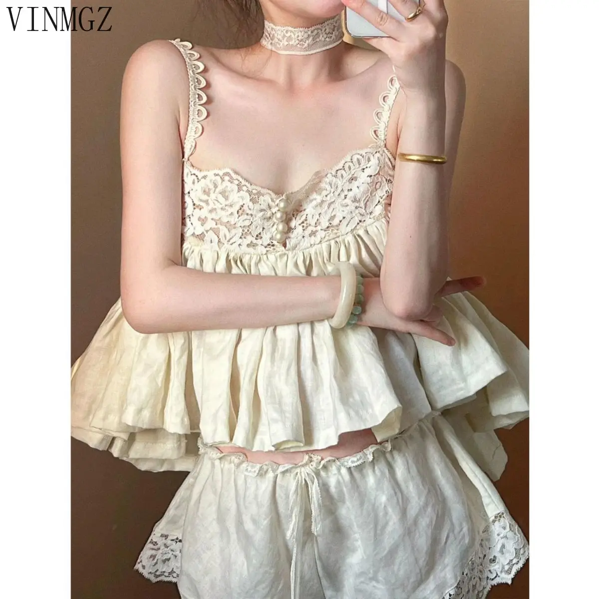 Fattened wear sexy lace suspender pajamas women's summer shorts can be worn outside home suit