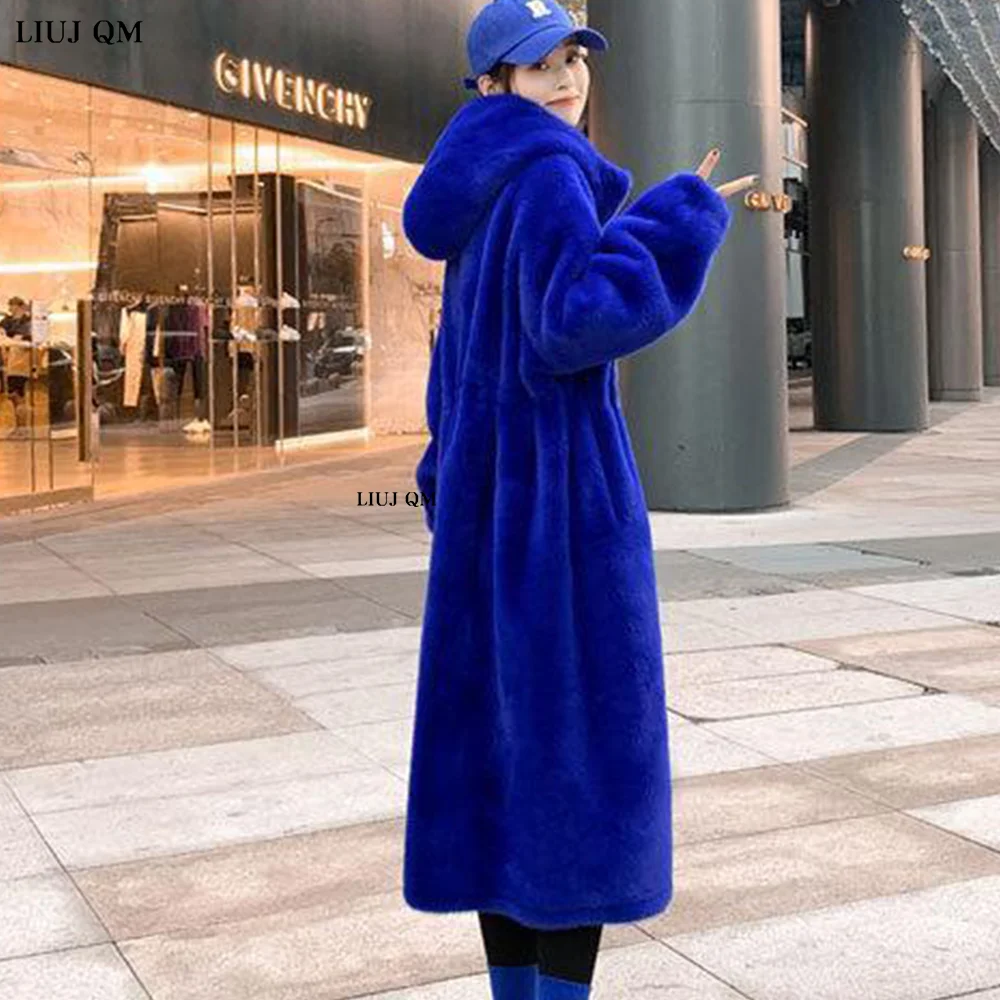 Winter Clothes Women Long Faux Fur Coat Blue Color Drawstring Waist Warm Hooded Casual Parka Oversized Fur Jacket Loose Outwear