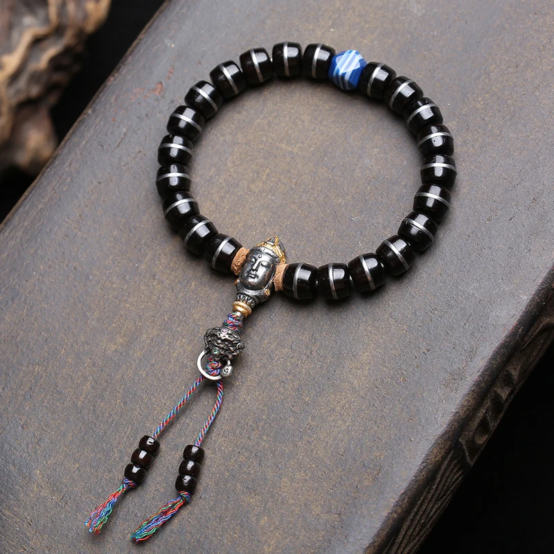 

Natural Black Gold Coconut Copper Inlaid Bead Bracelet, Single-Loop Buddhist , Agate String Beads, Malachite C