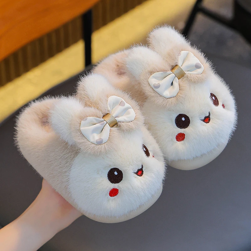 Picture 4: New Trendy Sweet Bow Fluffy Rabbit Slippers Kids Playful Pink Warm Bunny Ear Blush Cheek Furry Mules Home Shoes Children Slipper