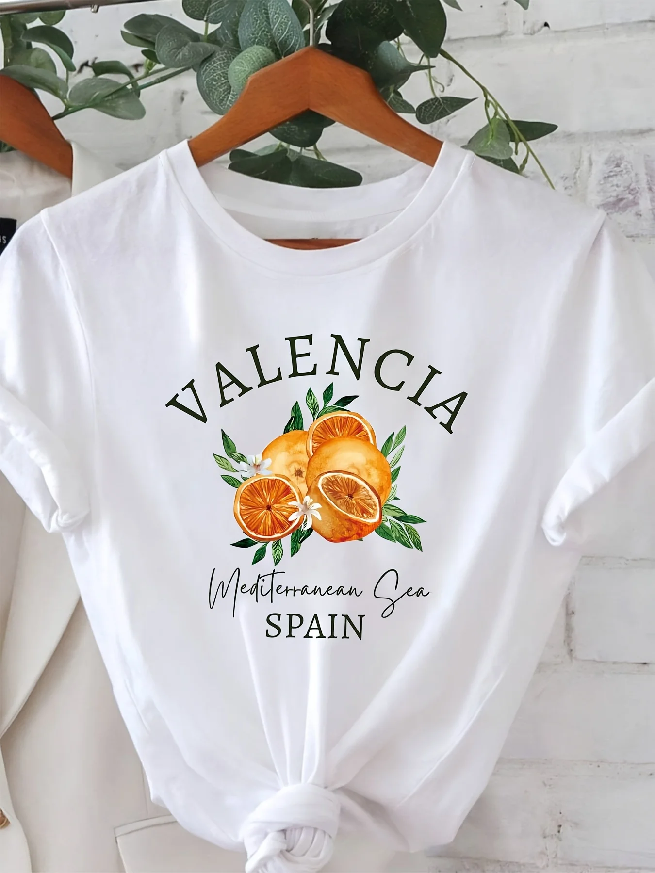 Camiseta con estampado gráfico naranja VALENCIA España, camiseta informal de manga corta con cuello redondo, ropa informal para mujer para primavera y verano