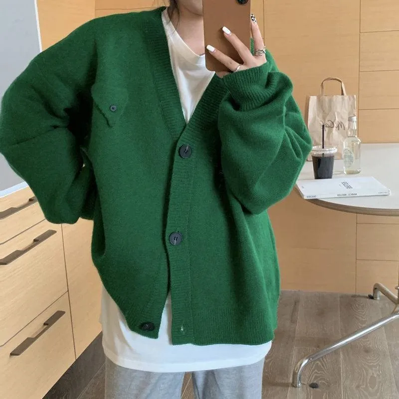 Casual Outerwear Winter Green Oversize Knitted Cardigan Women Korean Harajuku Sweater Hooded Jacket Fashion Zipper Long Sleeve