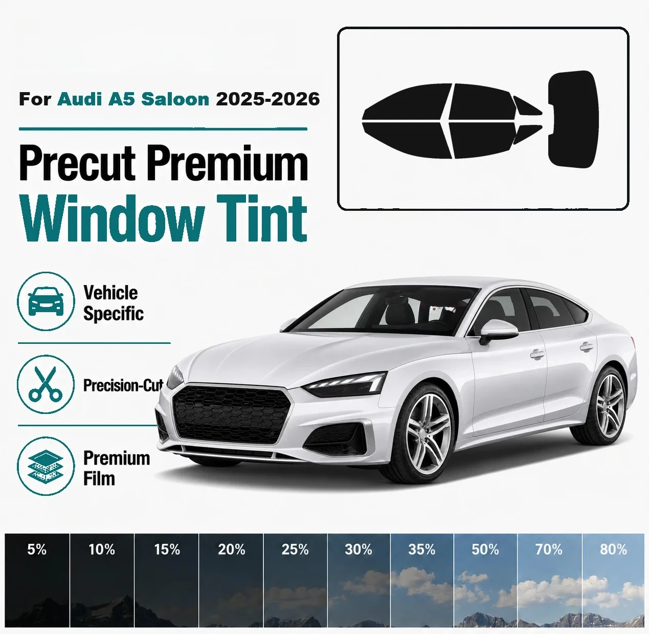 Premium Precut Window Tint for Audi A5 Saloon 2025‑2026 Front Rear Windows UV Heat Rejection Anti‑Scratch Privacy Film car A+++