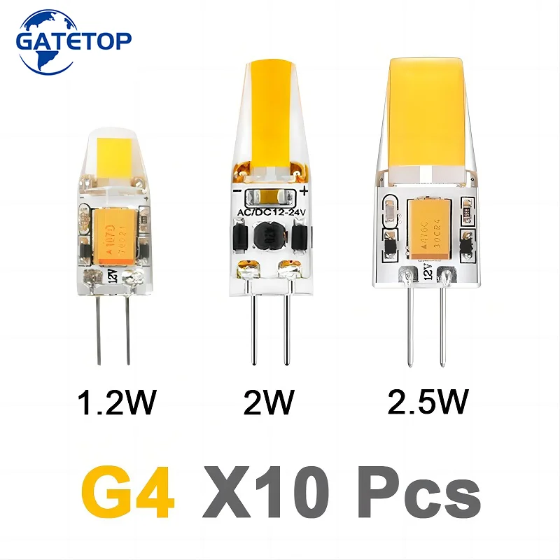 Lámpara LED COB de 10 piezas, CA/CC, G4, CA/CC, 12V, 1,2 W, 2W, 2,5 W, Bombilla de araña, reemplazo de lámparas halógenas