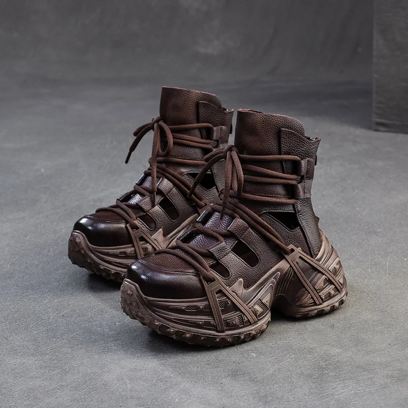 

8cm Cow Genuine Leather Ankle Booties Flats Summer ZIP Ladies Hollow Comfy Retro Platform Wedge Ladies Shoes Sandals Women