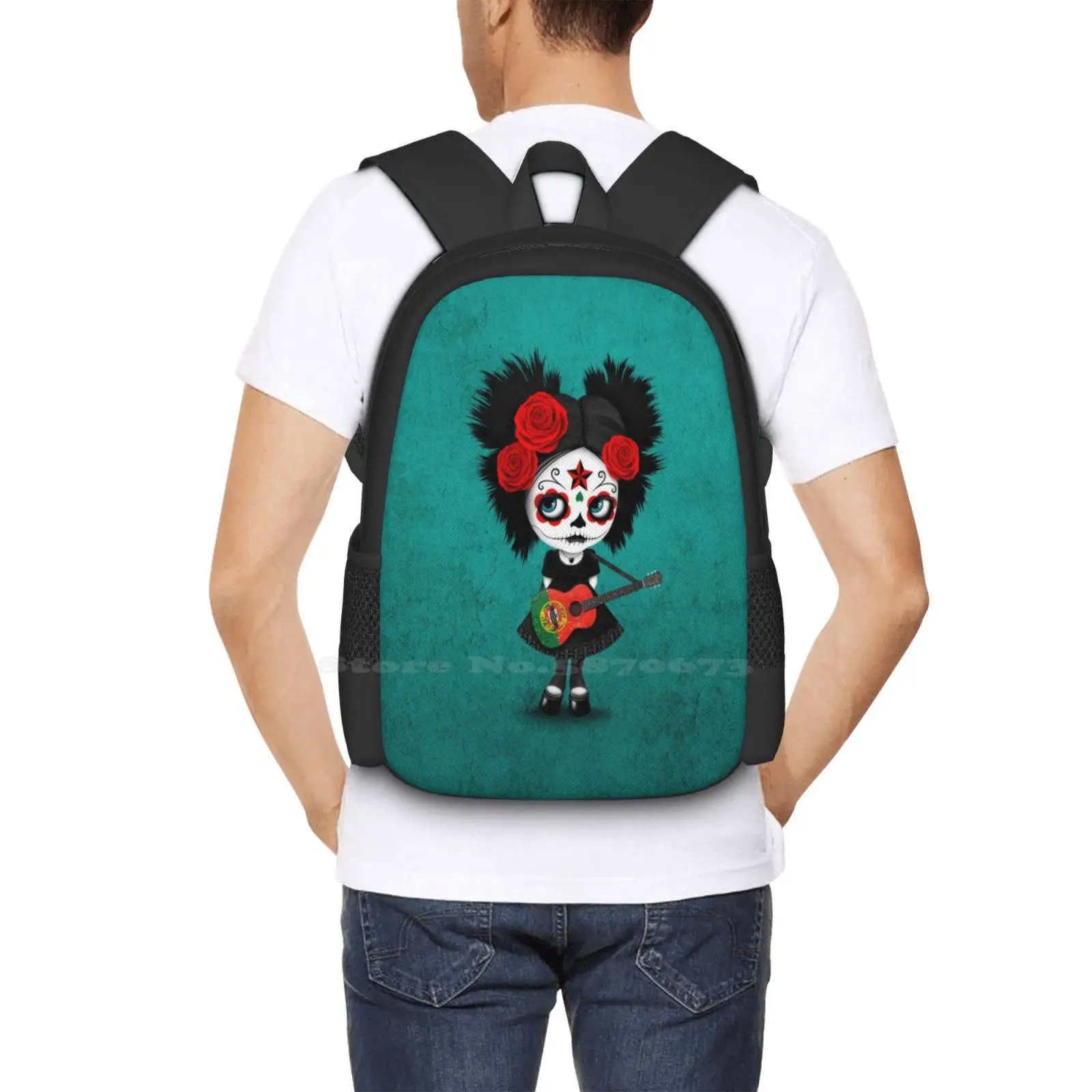 Sugar Skull Girl Playing Portuguese Flag Guitar Pattern Design Bag Student'S Backpack Day Of The Dead Girl Portuguese Day Of