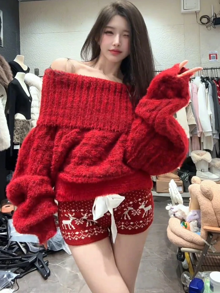 

Новогодний модный комплект: женский весенний красный свитер на одно плечо с узором Fair Isle и шорты с высокой талией, повседневный комплект из двух предметов