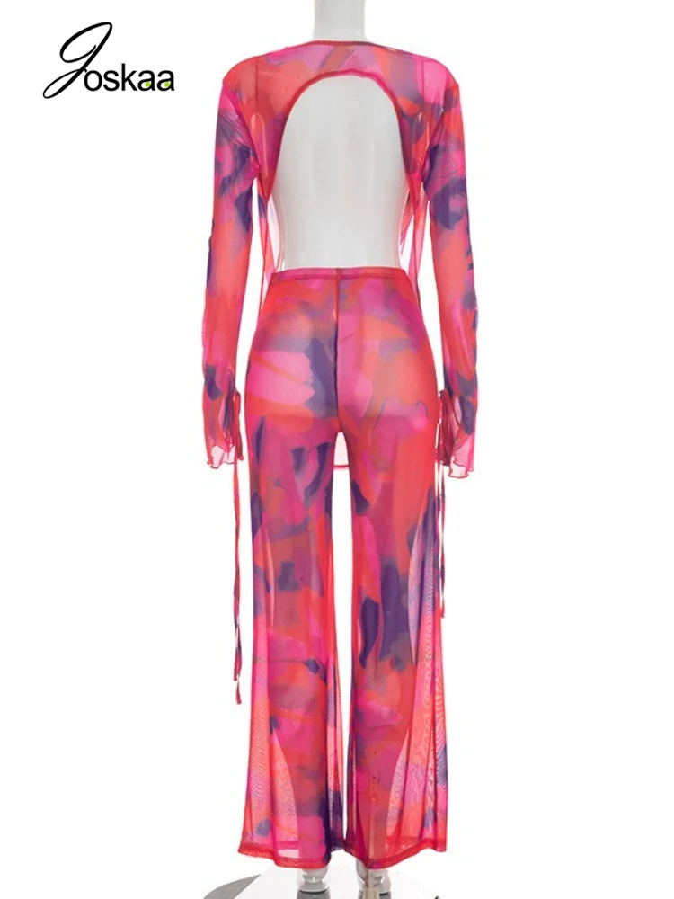 Joskaa Printed Mesh 2 Piece Set Women Sexy Draped Neck Long Sleeve Backless Asymmetric Top+Flare Pants Match Beach Holiday Suits - Image 5