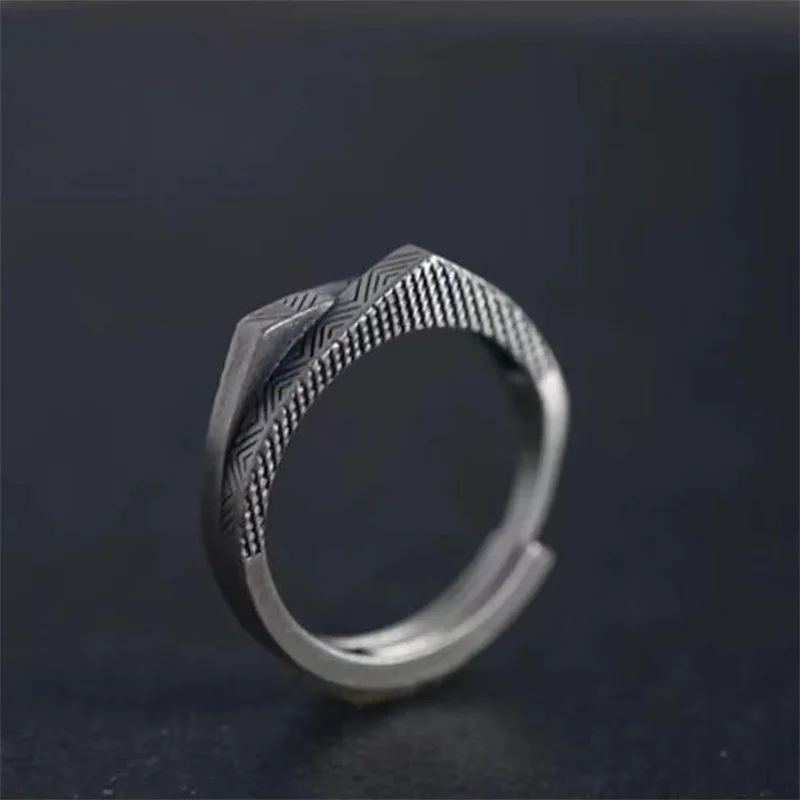 Vintage Double Layered Carved Mountain Geometric Opening Ring Ethnic Style Men Ring Silver 925 Jewelry Male Finger Accessories