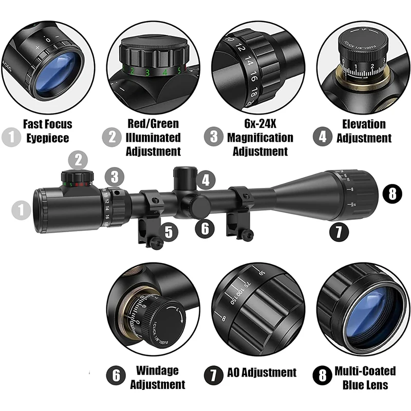 6-24x50 AO نطاق البندقية الصيد نطاق طويل المدى مضيئة الأحمر/الأخضر شبكاني التكتيكية البصر البصري للبندقية