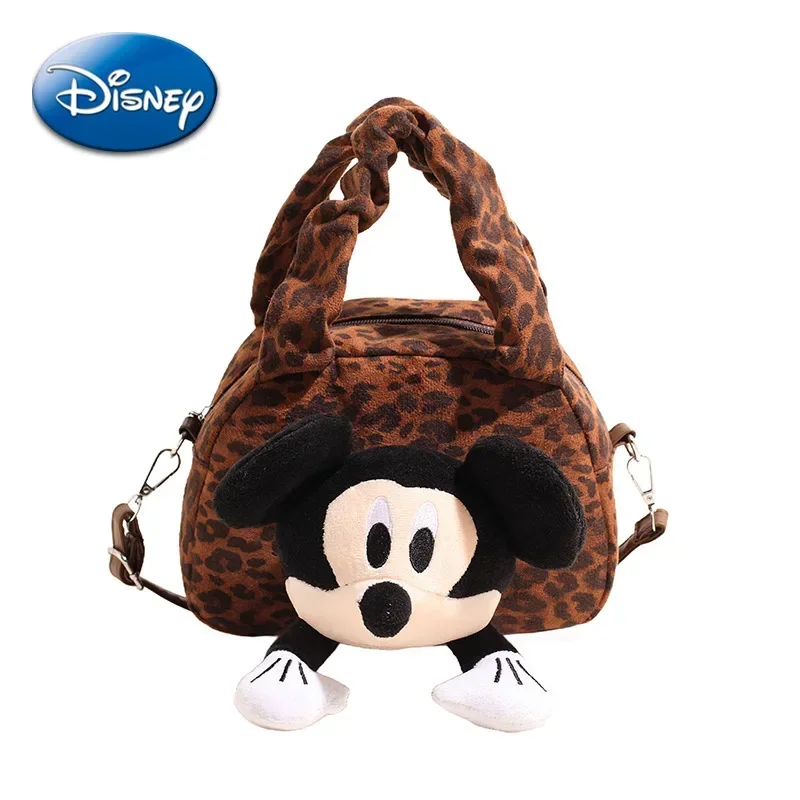 Bolso de lona con estampado de leopardo para niña, bolso cuadrado pequeño informal hecho a mano con hombro de Mickey, moda de otoño e invierno, 2024